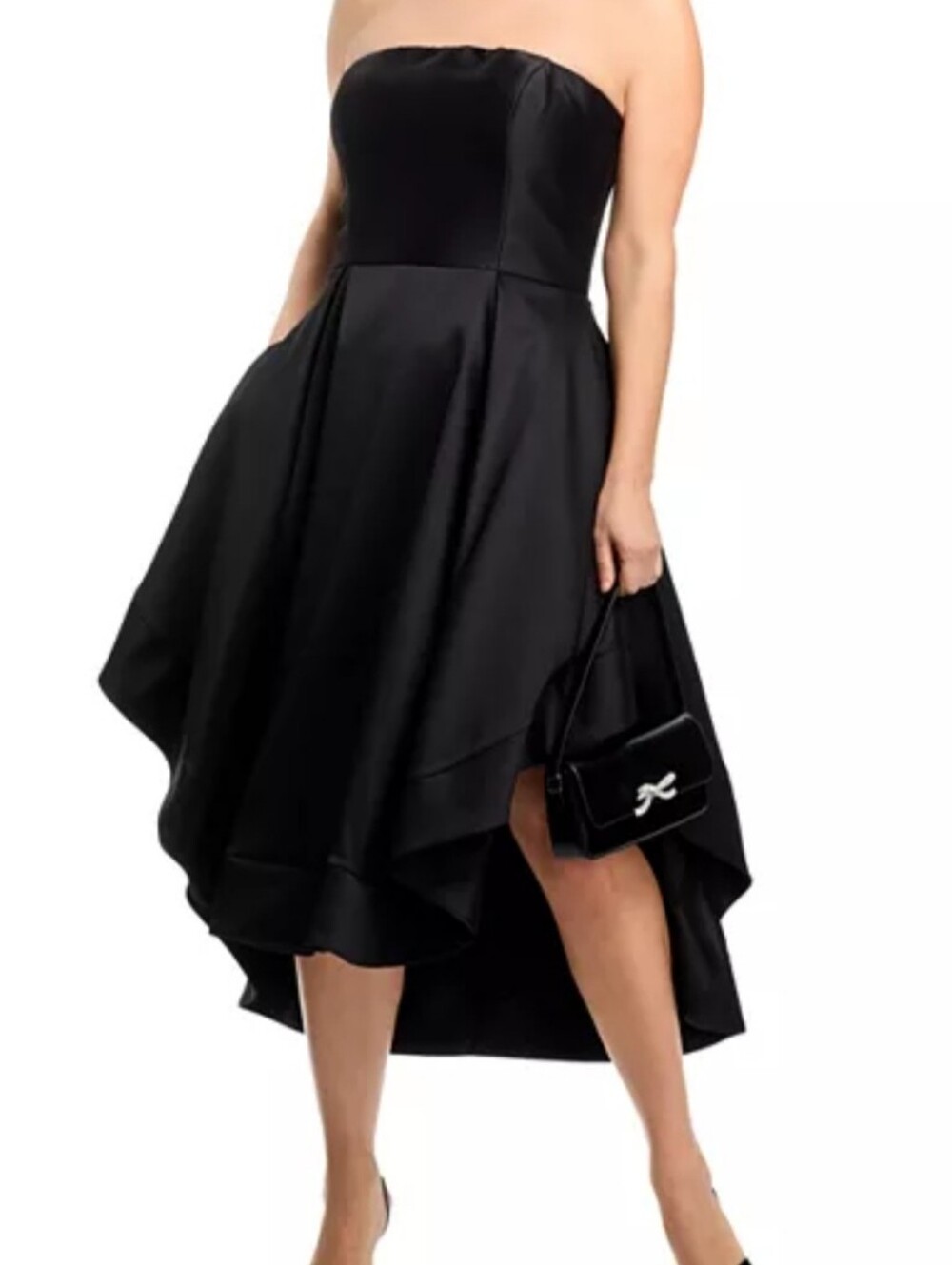 Aqua Micado Strapless Mid Gown Black High-Low Satin Dress